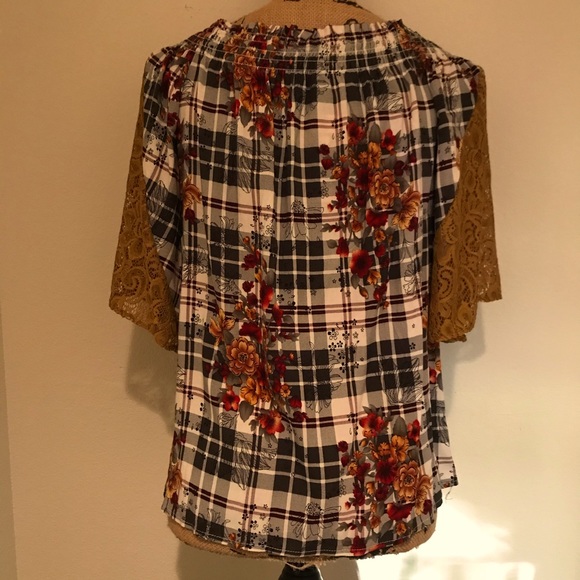 NWT-Ivory Love Floral Plaid Lace Off Shoulder Short Sleeve Blouse-S - Picture 10 of 15
